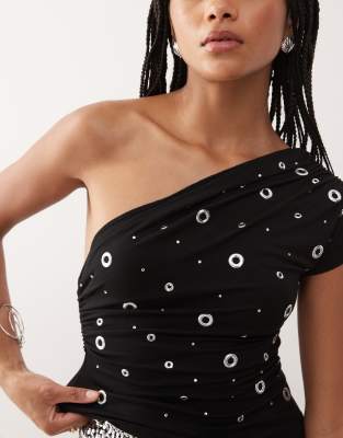 Collusion One Shoulder Extreme Eyelet Top-black In Black
