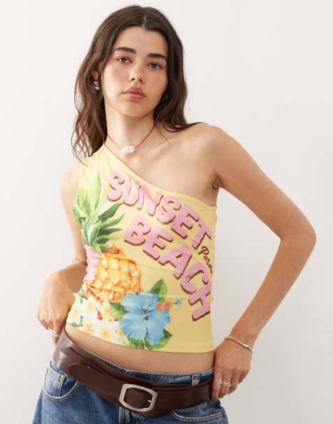 COLLUSION one shoulder fitted top with sunset beach graphic in buttermilk yellow - view 1