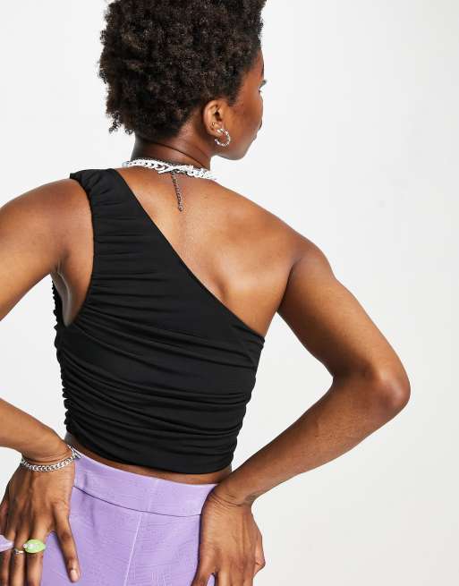 COLLUSION one shoulder gathered top in black, 2 of 4