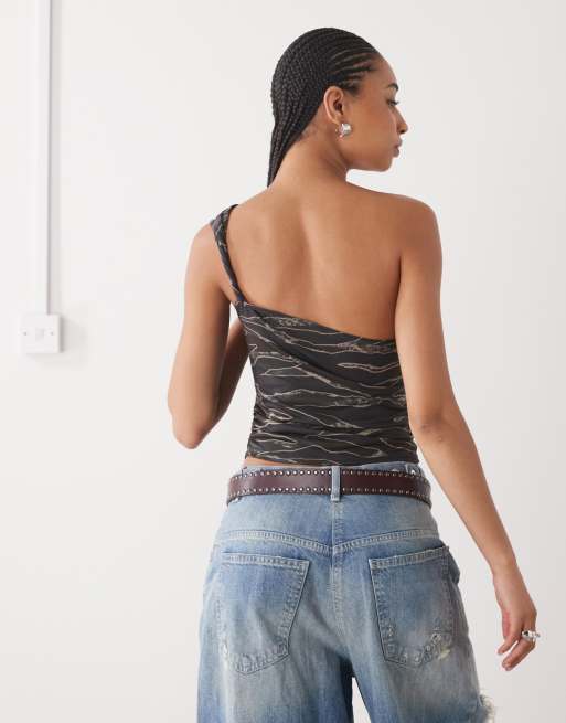 COLLUSION one shoulder knot detail scarf top in tiger camo print, 4 of 4