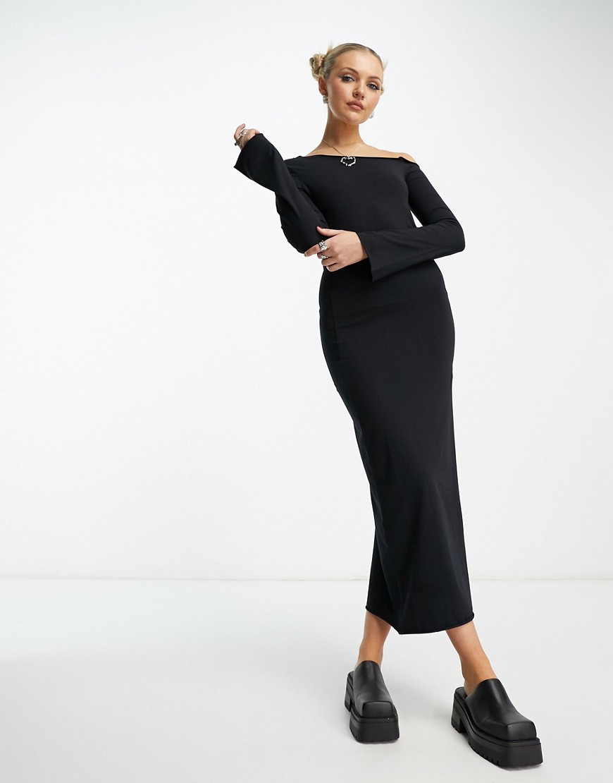 COLLUSION one shoulder long sleeve midi dress in black
