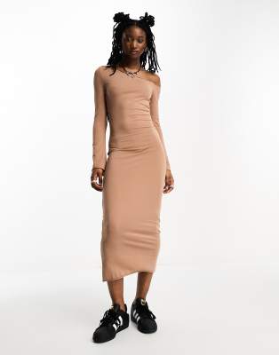 one shoulder long sleeve midi dress in brown