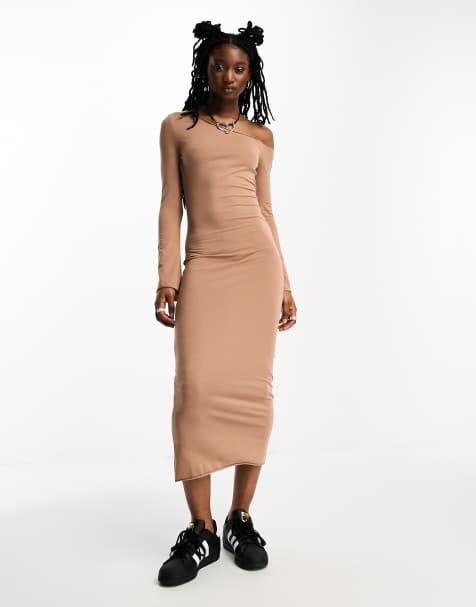 COLLUSION one shoulder long sleeve midi dress in brown - view 1