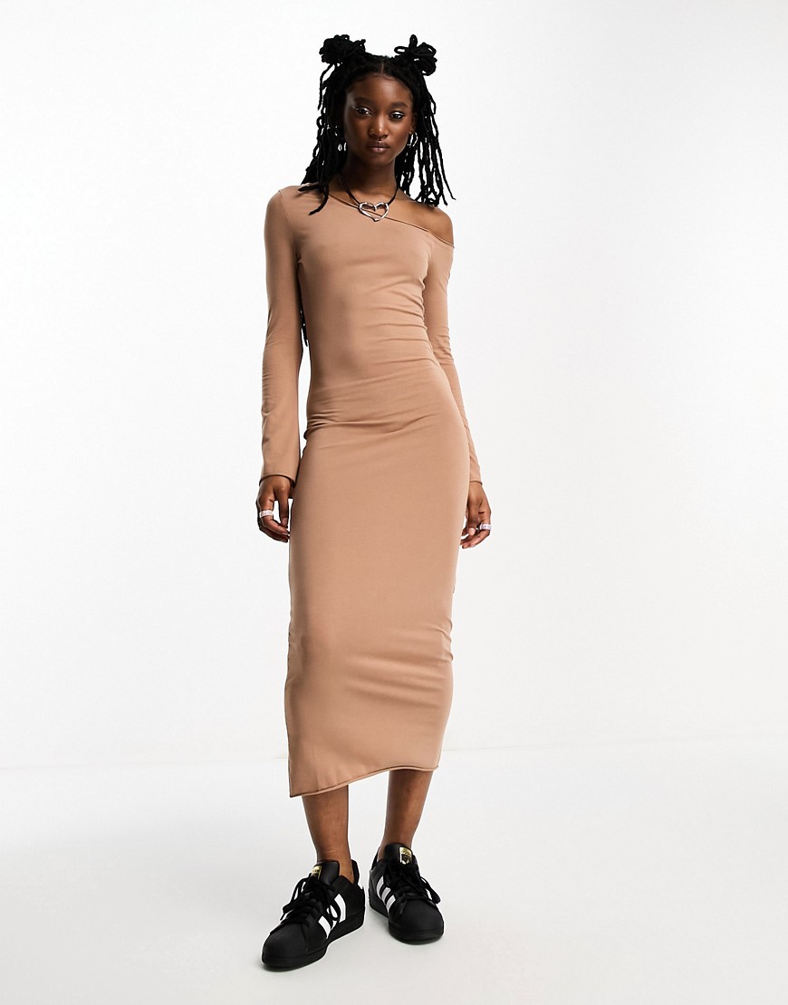 COLLUSION one shoulder long sleeve midi dress in brown