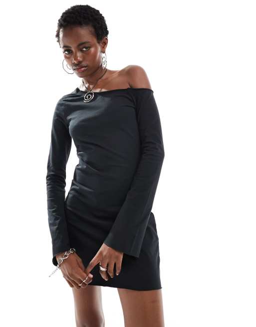 COLLUSION one shoulder long sleeve mini dress in black