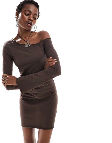 COLLUSION one-shoulder long sleeve mini dress in brown - view 1