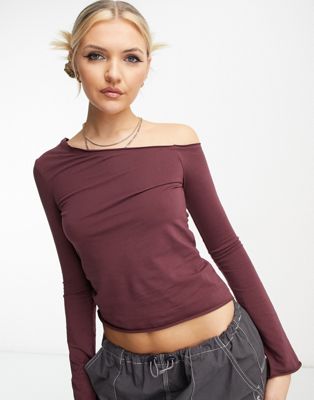 COLLUSION one shoulder long sleeve top in brown