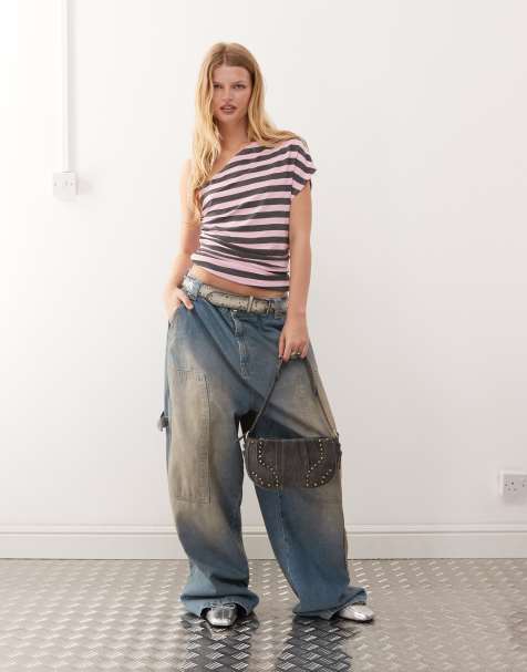 COLLUSION one shoulder pink gray striped top - view 1