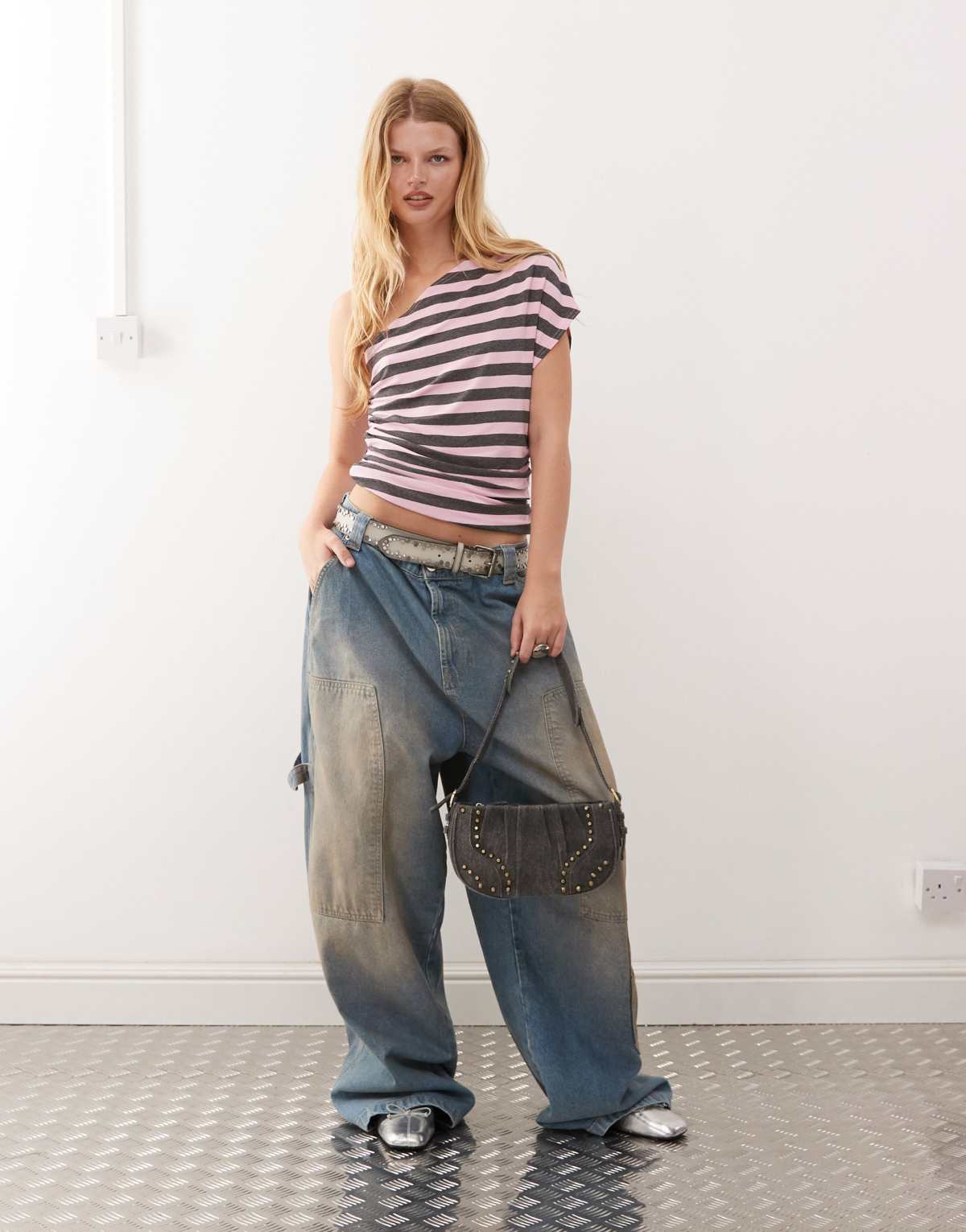 COLLUSION one shoulder pink grey stripe top