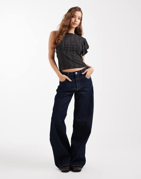 COLLUSION one shoulder ruffle top in black pinstripe - view 1