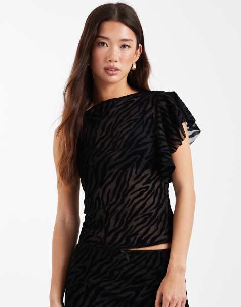 COLLUSION one shoulder sheer zebra flock top co-ord