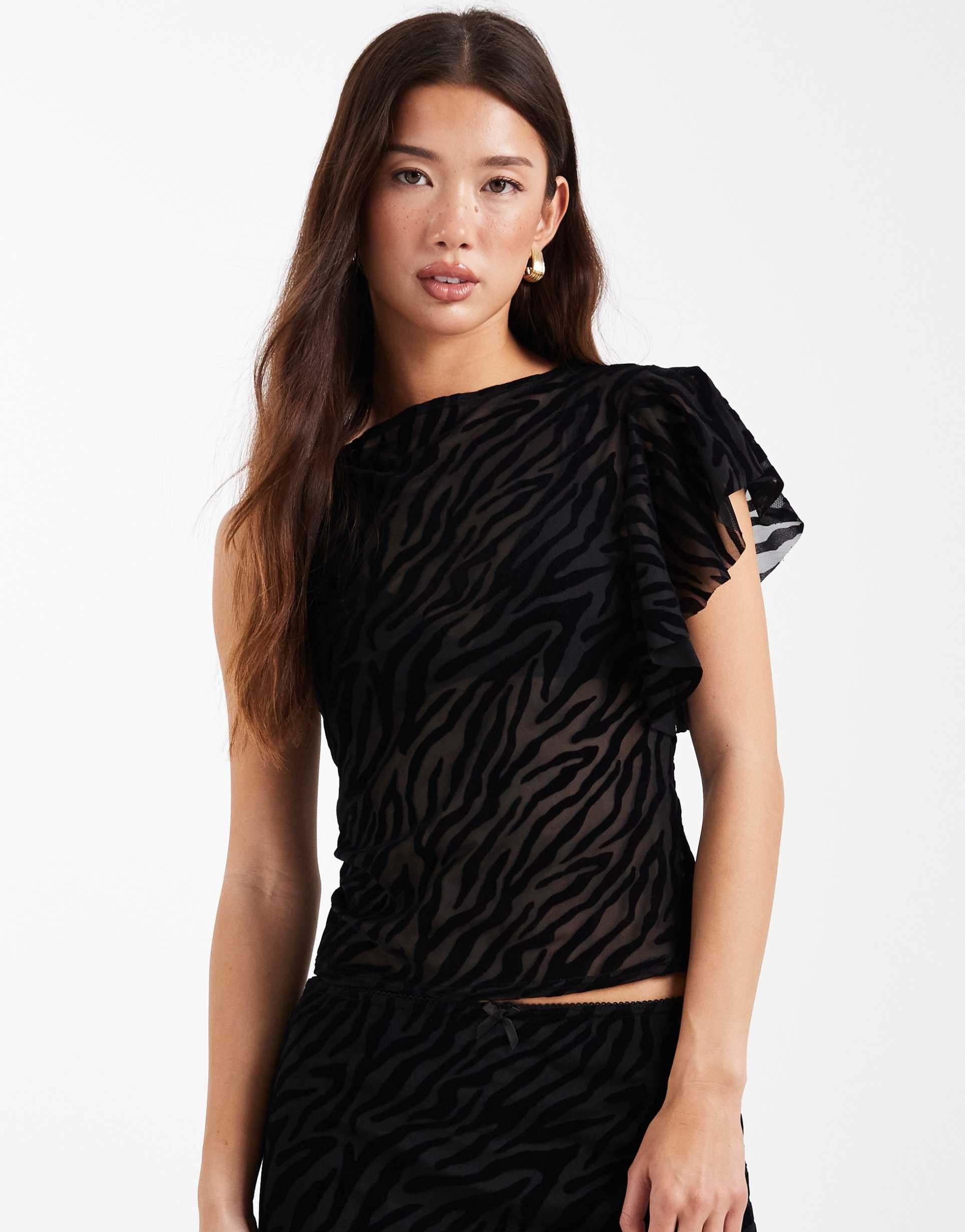 collusion one shoulder sheer zebra flocked top - part of a set