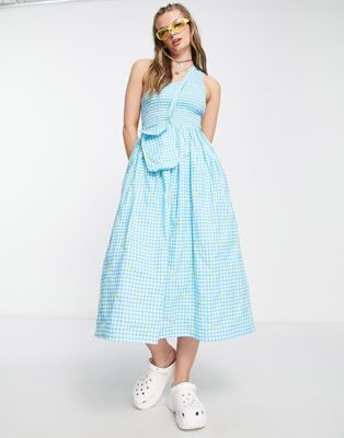 COLLUSION one shoulder shirred gingham midi dress with embroidery in blue | ASOS