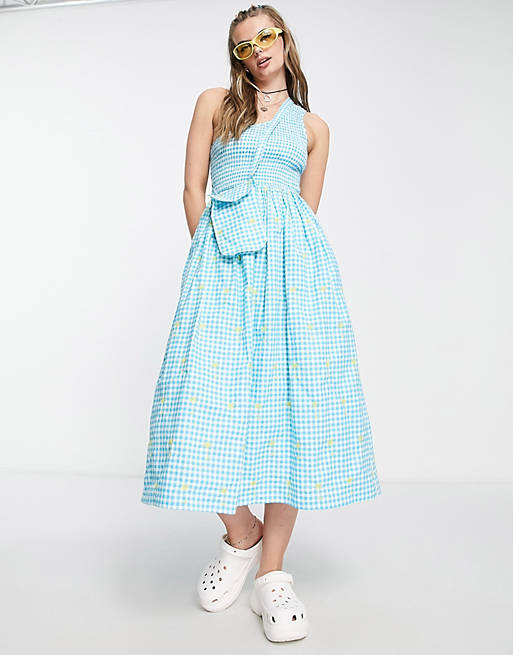 COLLUSION one shoulder shirred gingham midi dress with embroidery in ...