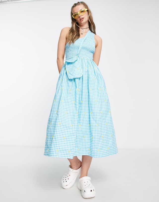 COLLUSION one shoulder shirred gingham midi dress with embroidery in blue