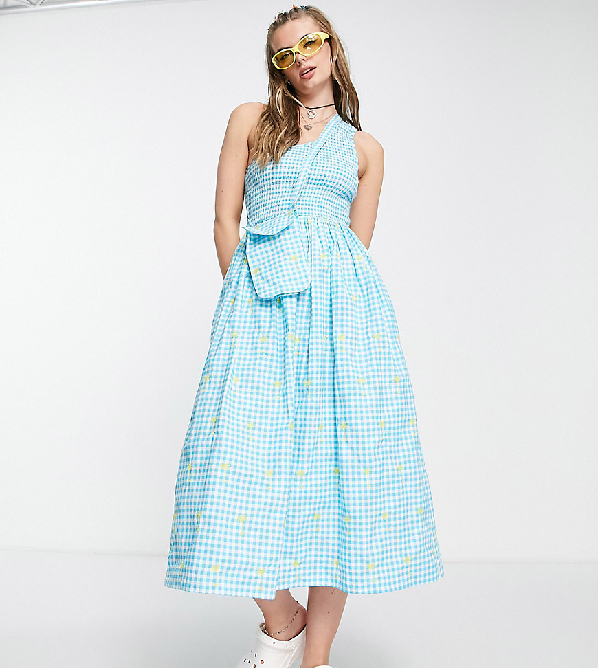 COLLUSION one shoulder shirred gingham summer midi dress with embroidery in blue