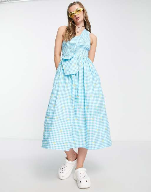 COLLUSION one shoulder shirred gingham summer midi dress with embroidery in blue