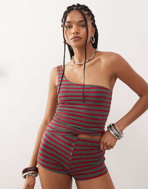 COLLUSION one shoulder striped top in red - view 1