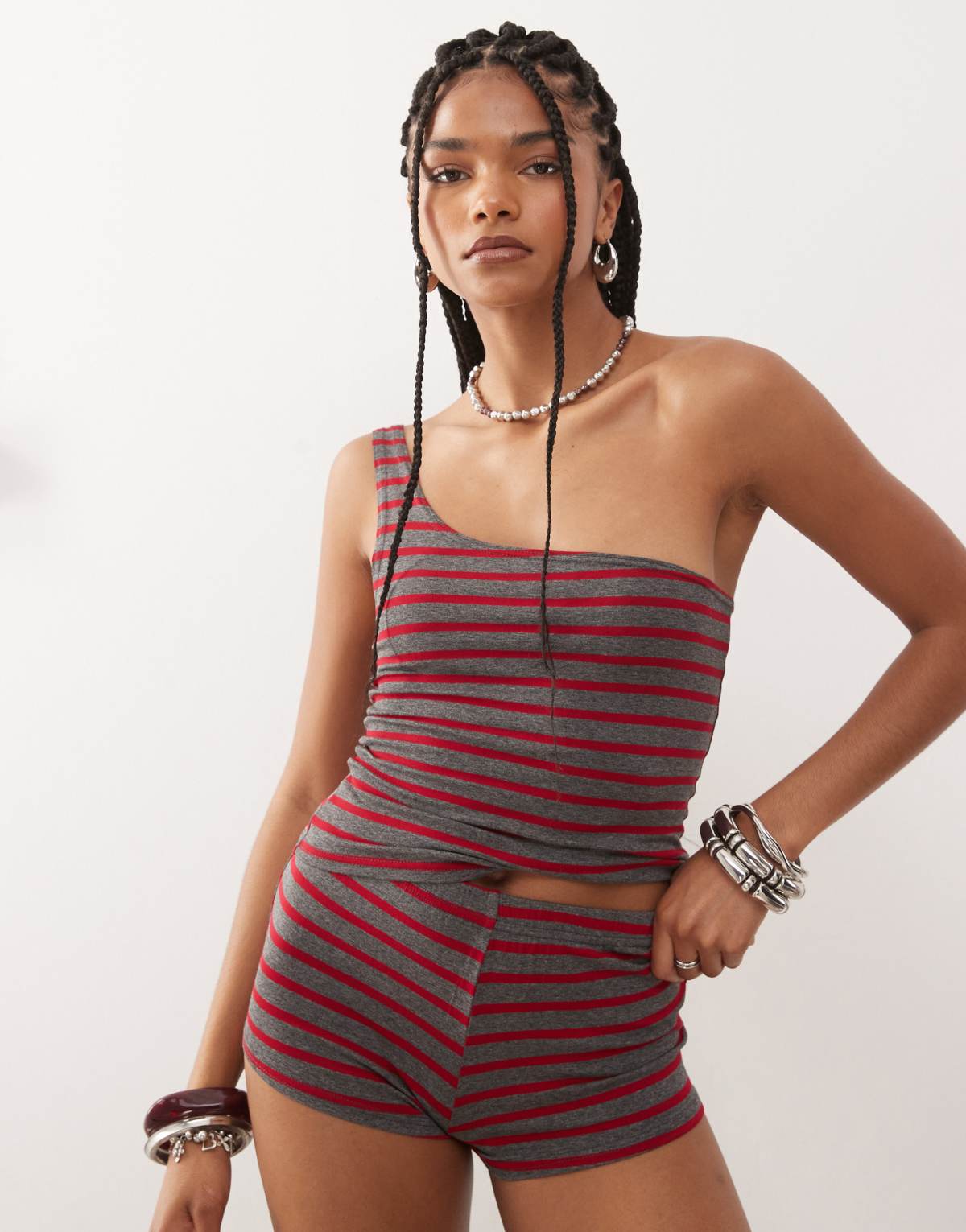 COLLUSION one shoulder striped top in red