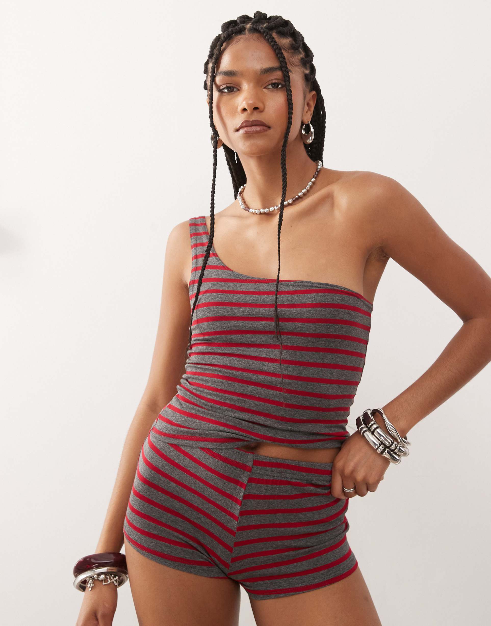 collusion one shoulder striped top in red