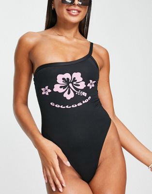 COLLUSION one shoulder swimsuit with hibiscus print in black - BLACK