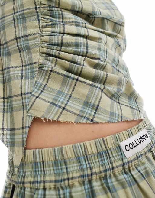 COLLUSION one shoulder top co ord in green & blue check with sports binding, 4 of 4