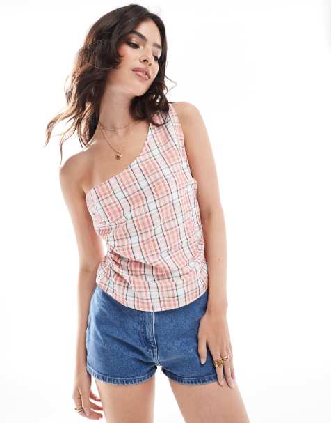 COLLUSION one shoulder top in blush check - view 1