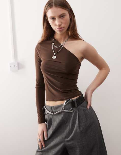 COLLUSION one shoulder top in brown - view 1