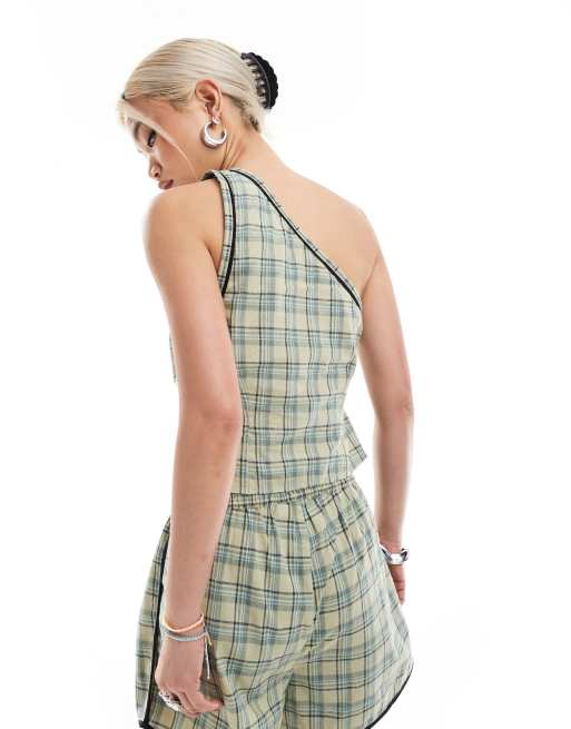 COLLUSION one shoulder top in green & blue plaid with sports binding - part of a set, 2 of 4