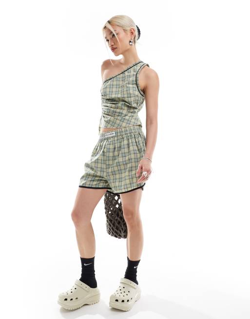 COLLUSION one shoulder top in green & blue plaid with sports binding - part of a set, 3 of 4