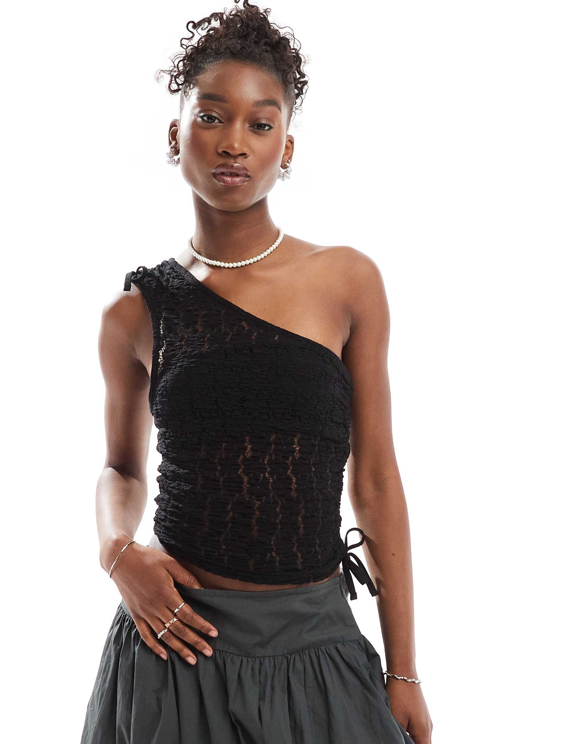 collusion one shoulder top with tie detail in black lace