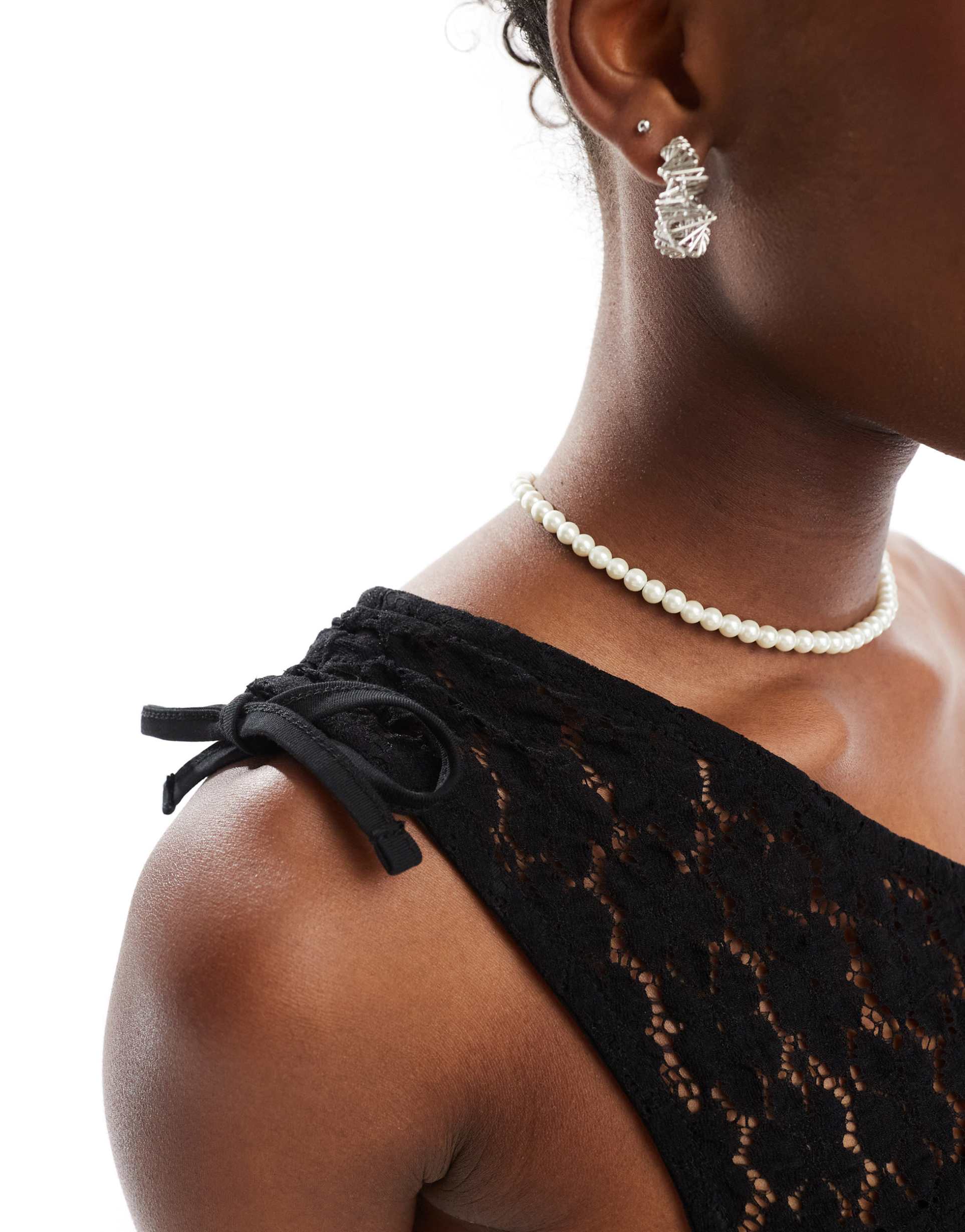 collusion one shoulder top with tie detail in black lace