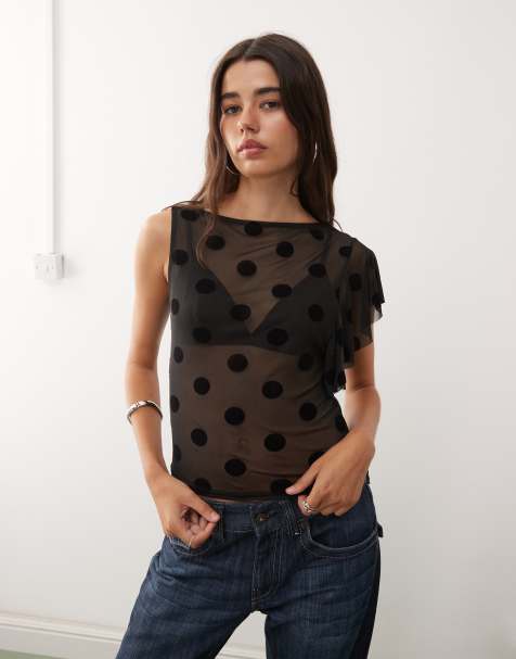 COLLUSION one sleeve mesh top in black polka dot - view 1
