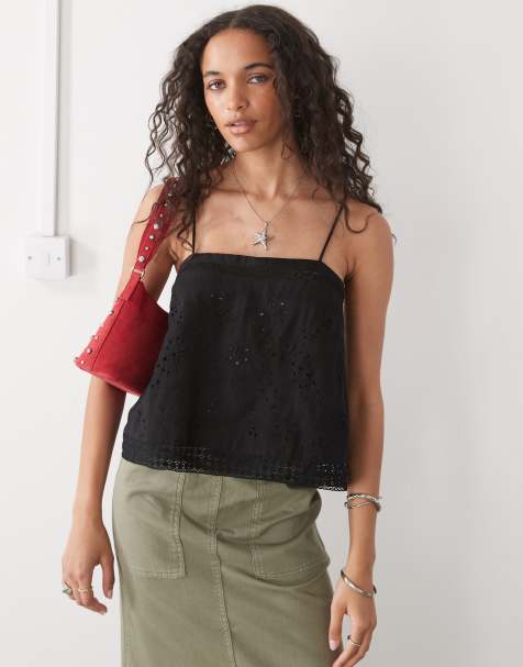 COLLUSION open back crochet patch work cami top in black - view 1