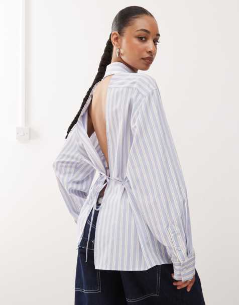COLLUSION open back shirt in blue stripe - view 1