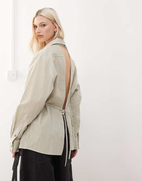 COLLUSION open back shirt in green & white stripe - view 1