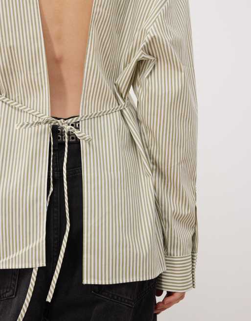COLLUSION open back shirt in green & white stripe