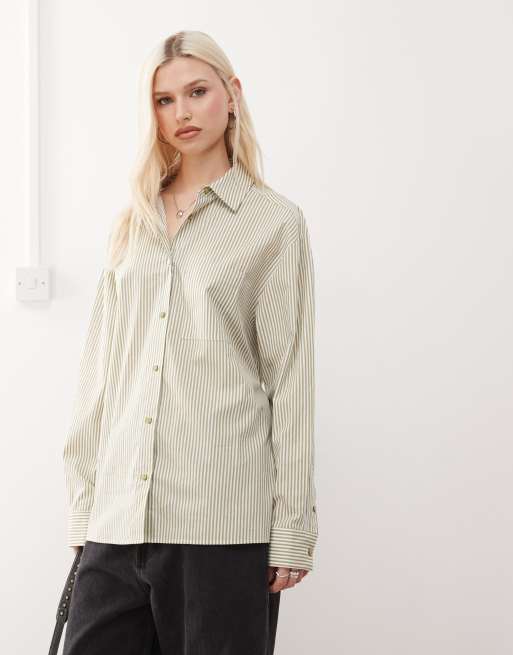 COLLUSION open back shirt in green & white stripe