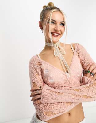 COLLUSION open stitch ballet wrap distressed cardigan in light pink