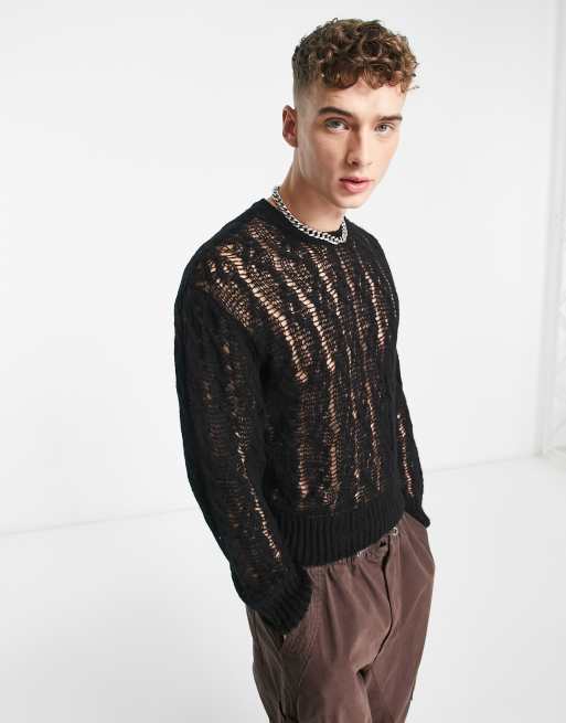 COLLUSION open stitch cable knit sweater in black | ASOS