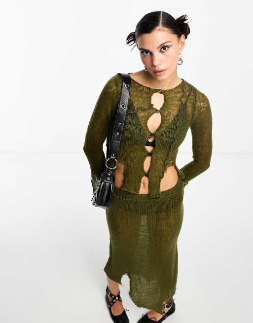 COLLUSION open stitch distressed knit cardigan top in khaki - part of a set