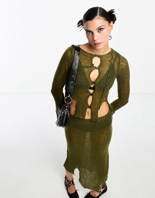 COLLUSION open stitch distressed knitted cardigan top co-ord in khaki-Green