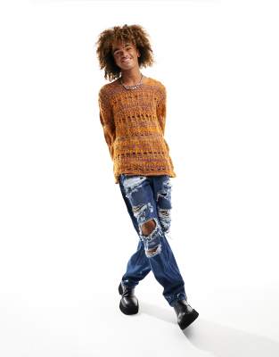 Collusion Open Stitch Distressed Sweater In Orange