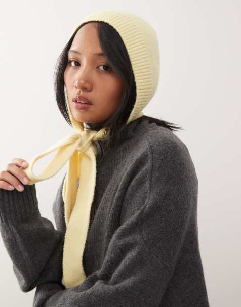 COLLUSION open stitch fluffy hood in soft yellow - view 1