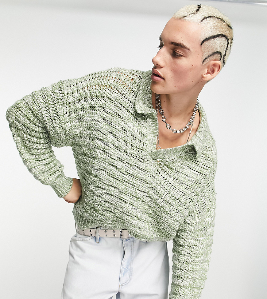 COLLUSION open stitch knit collar sweater in white and green