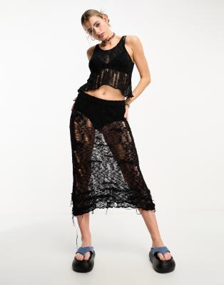 Collusion Open Stitch Knit Midi Skirt In Black