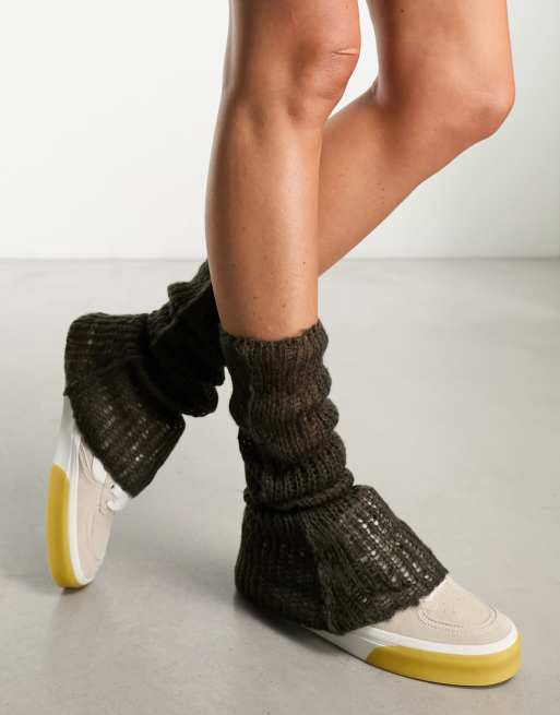 COLLUSION open stitch knitted leg warmers in brown