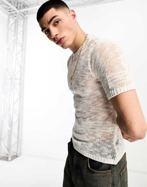 COLLUSION open stitch knitted tee in ecru 