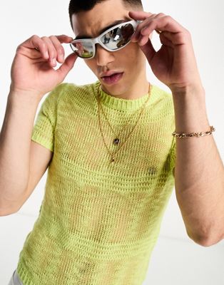 COLLUSION open stitch knitted tee in lime green-Multi