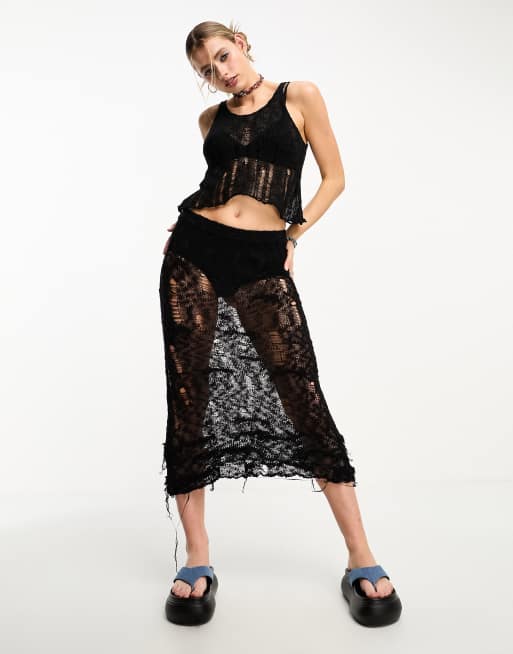 COLLUSION - Opengebreide distressed midi rok in zwart